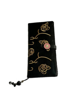 Black wallet with gold embroidered flowers pink flower closure